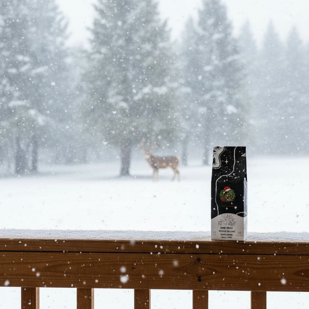 ISLAND WINTER RESERVE ( Get ready for the holiday season with this cozy, classic blend that will remind you of winter nights and colorful lights! This dark roast features rich roasted chestnuts and warm spices with a velvety mouth feel )